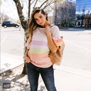 NWOT Celeste, White Waffle Knit Tee with Rainbow Banding - Size Small